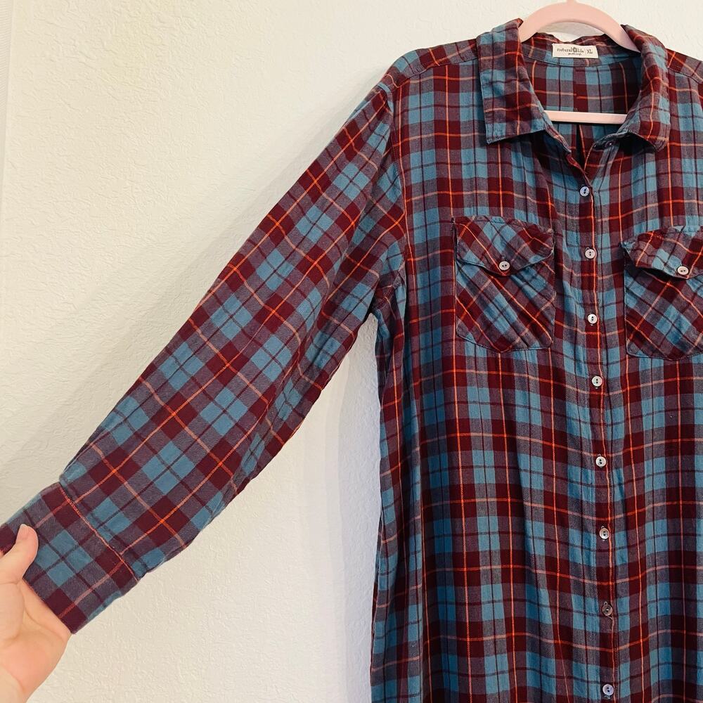 NATURAL LIFE Teal and Rust Plaid Midi Shirt Dress - Picture 4 of 13